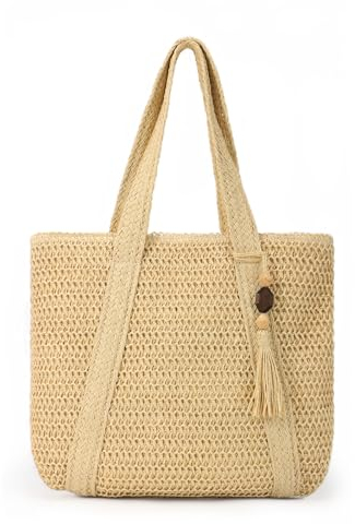 LUI SUI Bolso tejido de paja en verano bolsa de playa de paja borla bolso de paja grande