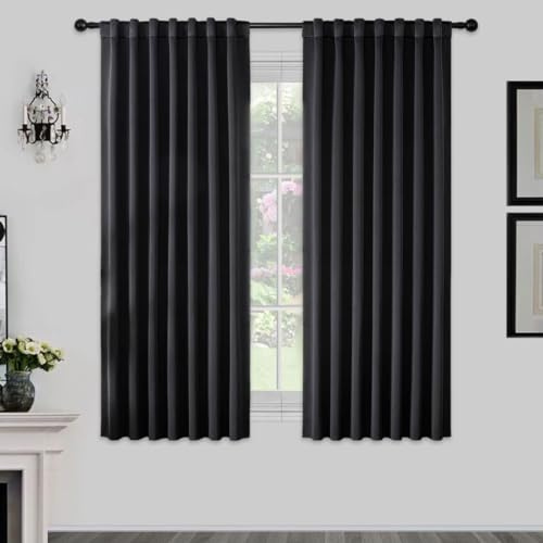 Joydeco Gardinen Blickdichte Vorhänge mit Schlaufen Verdeckten Schwarz | 2er Set,H175 x B140 cm,Verdunklungsvorhänge für Schlafzimmer und Wohnzimmer,Hitzeschutz Thermovorhang,UV-schutz