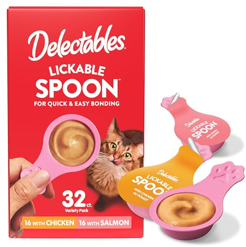 Delectables Lickable Spoon Handheld Wet Cat Treats Made with Real Chicken & Salmon, Quick & Easy Creamy Puree, Mess Free, Grain-Free, No Added Fillers, No by-Products, Variety Pack, 32ct