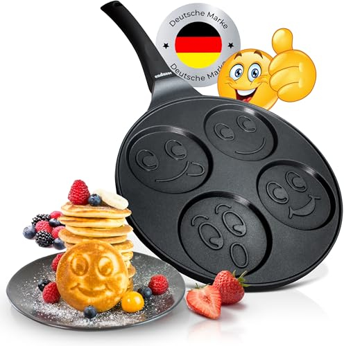 endusor Sartén tortitas y pancakes para niños con motivo smiley - Sarten 26cm con 4 hoyos y protección antiadherente - Todo tipo de cocinas e inducción - Sartén divida para panquecas tortitas