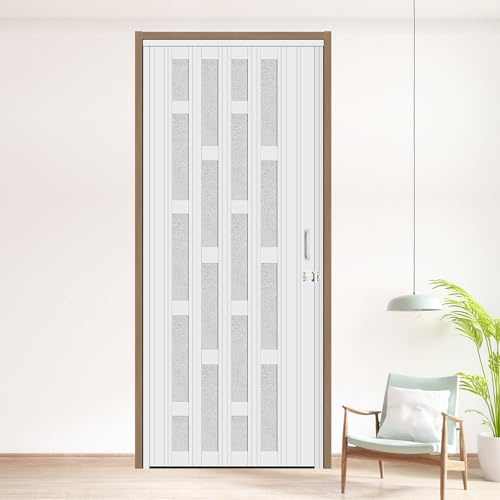 HARDJULAN 36X79in Frosted Acrylic Glass PVC Accordion Folding Door, White