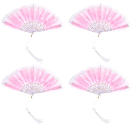 sourcing map Feather Hand Fan Pink Vintage Folding Fan with Tassels Feather Fan Handheld 43x23cm for Halloween Party Wedding Dancing Decoration,4 Pcs