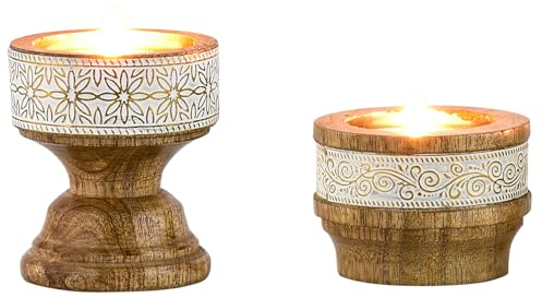 Marrakesch 2er Boho Deko Teelichthalter Kerzenständer aus Holz und Metall 7,5cm groß Hannan | Vintage Orientalische Kerzenhalter als Wohnzimmer Tischdeko oder Schlafzimmer Badezimmer Frühlingsdeko