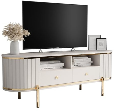 ABIKSMEBLE - New York - Meuble TV - Armoire Basse - Support Télé - Meuble de Rangement pour Salon - Meuble Bas Moderne - Meuble TV Industriel - 50,5x151x40cm - Blanc, Or