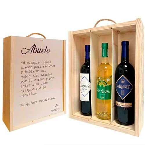 Adri - Caja de madera personalizada con botellas de vinos incluidas - Regalos personalizados originales para padres, madres, hermanos, abuelos (FRASE ABUELO)
