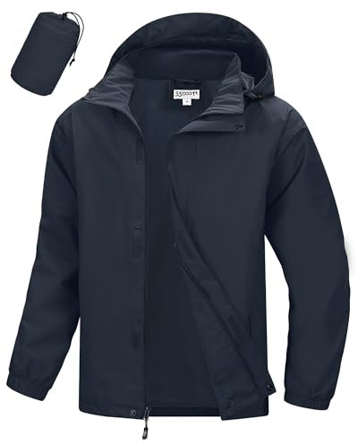 33,000ft Wasserdichte Regenjacke für Herren Atmungsaktiv Fahrrad Jacke Leichte Outdoorjacke Windjacke Regenmantel mit Kapuze Dunkelblau L