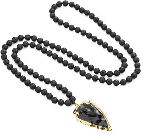 COAI Obsidian Pfeil Anhänger Kette mit Lavastein Perlen und handgeknüpfter Schnur für Männer Herren