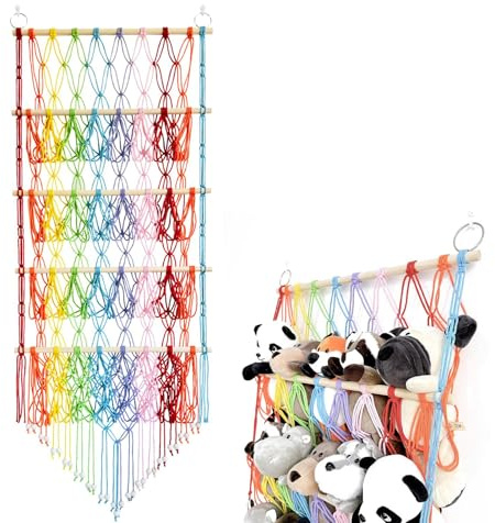 Plüschtierhalter, Wandaufbewahrung für Plüschtiere, Hängematte aus Netzstoff für Puppen – Hängematte aus Netzstoff für Plüschtiere Makramee, 4-lagige Wandaufhängung Boho für Ripor
