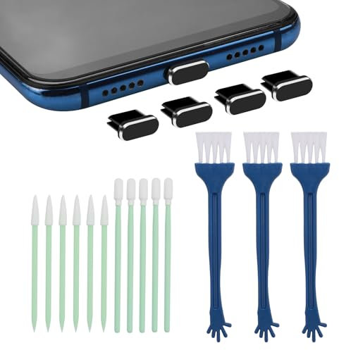 HJZHII Phone Port Cleaning Brush Kit, 17pcs Cell Phone Phone Speaker Cleaning Brushes Phone Receiver Cleaning Brush USB C Anti Dust Plug Cover Caps Type C Charging Port Protectors Stopper(Black)
