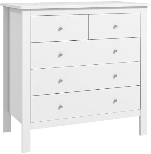 HOMCOM Commode à 5 tiroirs, Meuble de Rangement, avec poignées, glissières métalliques, Protection Anti-basculement, pour Chambre, Salon, Bureau, en Bois, 79l x 39,5P x 80,5H cm, Blanc