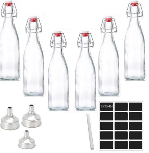 Keyoung Lot de 6 bouteilles en verre de 500 ml avec bouchon mécanique – Avec 6 joints supplémentaires, 3 entonnoirs et 15 étiquettes avec stylo – Bouteilles en verre pour huile, vinaigre, jus et