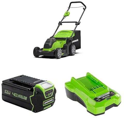 Greenworks Tondeuse à Gazon sans Fil, Largeur de Coupe de 41 cm sans Batterie 40V Ni Chargeur G40LM41 + Greenworks Batterie 40V 5Ah-G40B5 + Greenworks 40V 2A Chargeur de Batterie G40C