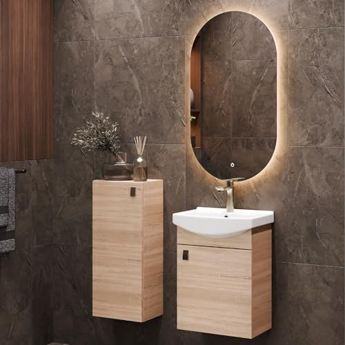 Planetmöbel Ensemble de Meubles de Salle de Bains Lavabo avec Meuble Bas 45 x 60 x 33 cm, Miroir avec éclairage 50 x 90 cm & Armoire Centrale pour Salle de Bains et WC invités, chêne Sonoma
