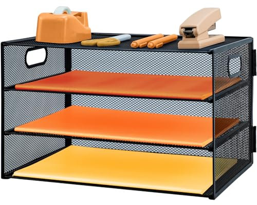 3 Tier Paper Letter Tray with Handle, Metal Mesh Desk File Organizer with Trays, A4 Paper Desktop Filing Trays, Magazine Document Holder for Home Office School