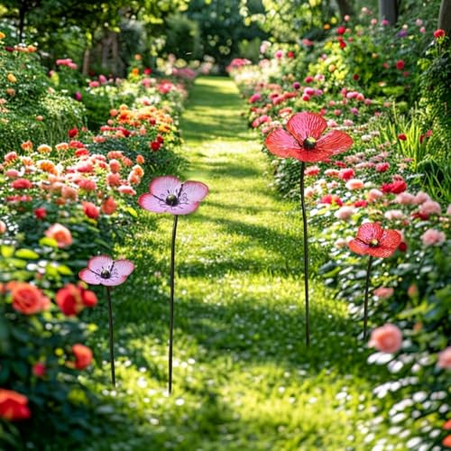 WEENINE Klassische Metall-Gartenstecker mit bunten Mohnblumen, Outdoor-Dekoration für Frühling und Sommer, langlebiges, wetterbeständiges Design, Gartendekorationen, Skulpturen, Violett, 2 Stück