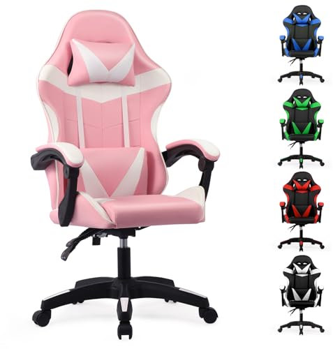 Lishetimig Gaming Chair, Computer Chair with Lumbar Cushion, Headrest, Height-Adjustable Ergonomic Gaming Chairs for Home Office(Pink)