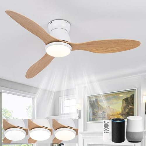 LJX 106cm Deckenventilator mit Alexa Kompatibel Smart Decken Ventilator mit Licht und Fernbedienung Weiß Holzmaserung Ultra-leise 6 Geschwindigkeiten Dimmbar für Schlafzimmer Wohnzimmer