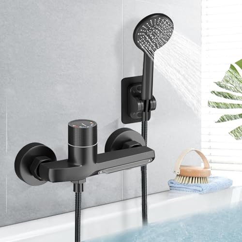 Badewannenarmatur Wasserfall Schwarz, Messing Mischbatterie Dusche mit Handbrause, Aufputz Wasserhahn Badewanne Armatur, Wasserfall Wasserhahn Badewanne mit 1,5 m PVC Schlauch, Schwarz Matt