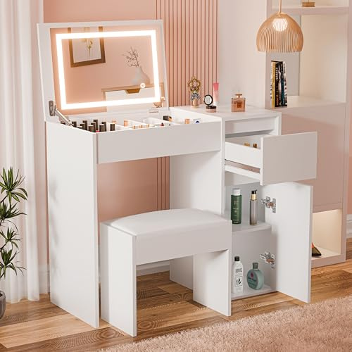 Blisswood Dressing Table with Flip-Up Mirror and Led lights, Vanity Makeup Desk with Hidden Storage, Convertible Writing or Office Table, Make up Bedroom Dresser for Girls Room, White