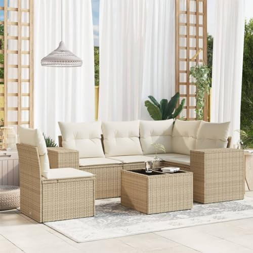 QJBSAVVA 6 TLG. Gartenlounge Set Beige Poly Rattan Sitzgruppe Outdoor mit 5 cm dicken Sitzkissen 62 x 62 x 69 cm Ecksofa Mittelsofa für kleinen Balkon Terrasse Garten