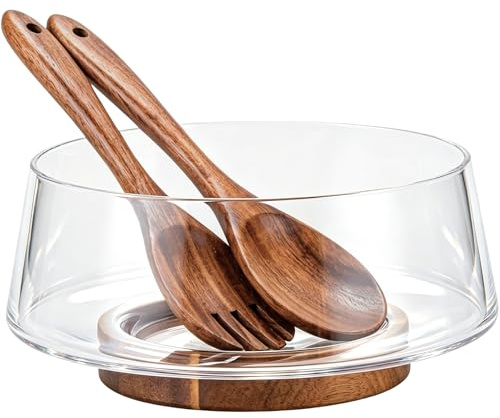 muso wood Salatschüssel Set - Groß Glas Salatschüssel mit Salatbesteck und Untersatz aus Akazienholz - Vielseitige Servierschüssel für Salat, Obst, Kartoffelsalat, Snacks und Familienessen, Partys