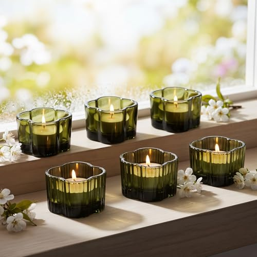 levandeo 6er Set Teelichthalter Blume Grün Kerzenhalter Frühling Kerzenglas Tischdeko Blumenform Blüte Ostern Deko Kerze