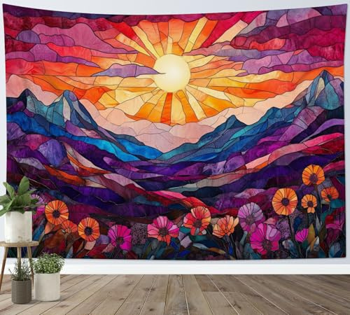 LB Wandteppich Abstrakter Berg Wandtuch Buntglas Rustikaler Oranger Sonne Lila Blume Wandbehang Wand Deko für Wohnzimmer Schlafzimmer Wohnheim,150x100cm