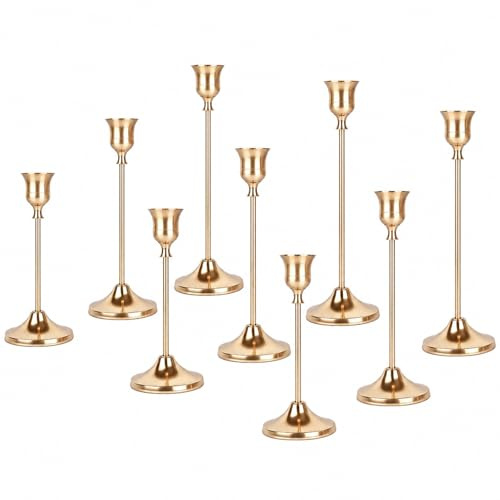 9 Stück Kerzenständer Set; Gold Kerzenständer aus Metall für Spitzkerzen, Vintage Kerzenhalter, Hohe & Kurze Candle Holders für Hochzeiten, Partys, Abendessen (Gold, 9 Stück)