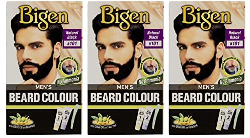 3 x Bigen Men's Beard Colour | Fórmula sin amoníaco con extracto de aloe y aceite de oliva | Cubre el cabello gris, no deja manchas, resultados duraderos | 101 negro natural
