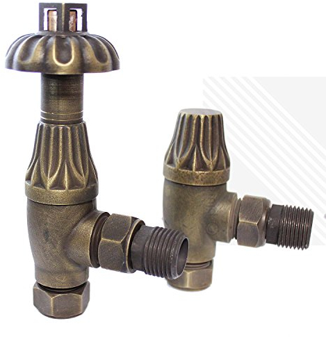 Traditional Westminster Antique Victorian Style Thermostatic Angled Radiator Valves TRV | Set of Pair | Brass with Bronze Finish