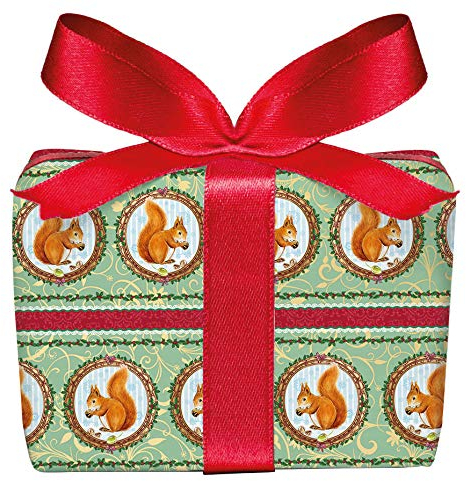 3er Set Weihnachts Geschenkpapier Bögen Eichhörnchen grün zu Weihnachten, Adventszeit, Weihnachtspapier für Geschenke, Adventskalender, PEFC zertifiziertes Papier, 50 x 70 cm