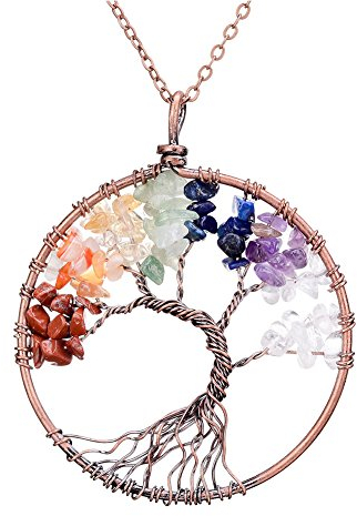 Lv.unique Collier Femme Arbre de Vie Collier Pendentif Cuivre Chakra Pierre Améthyste Pendentif Collier Chaîne Longue Réglable Y Collier pour Filles (Brass + Color Stone)