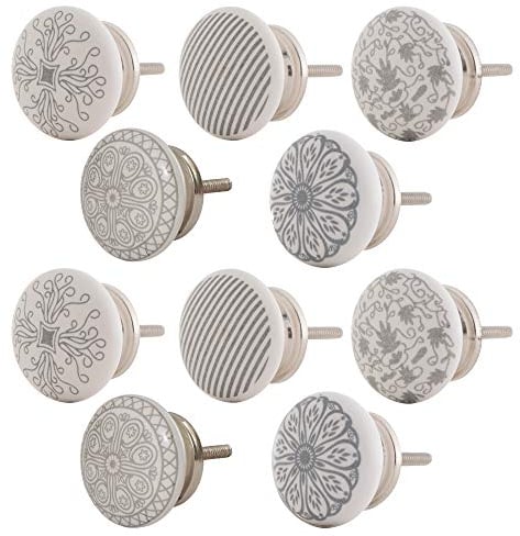 Knober Möbelknopf Keramik Weiß Art-Deco Landhausstil Shabby-Chic Kommodenknopf Kommodengriff (03. SW-Mix 10 Stück)
