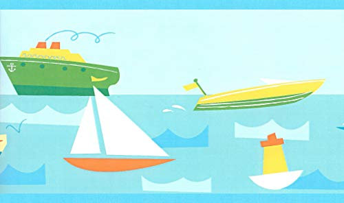 Dundee Deco BD6296 Prepasted Wallpaper Border - Nautical Blue, Yellow, Green, White Ships, Sailboats Wall Border Retro Design, 15 ft x 6 in (4.57m x 15.24cm)