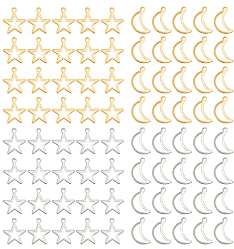UNICRAFTALE 80Stk 2 Farben Stern Mond Anhänger Edelstahl Stern Anhänger Metall Weihnachten Stern Mond Charms Für Damen DIY Halsketten Armbänder Schmuckherstellung