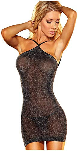 JFAN Donna Lingerie Set Nastratura Abito Senza Maniche Scintillante Pigiama Sling Camicie da Notte Diamante Nero