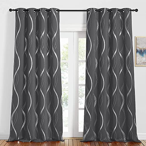 PONY DANCE Verdunklungsvorhänge Grau Wärmeisolierende Vorhänge mit Ösen Gardienen 2-Set H 245 x B 140 cm Wohnzimmer Gardinen mit Silbernem Foliendruck Thermovorhang