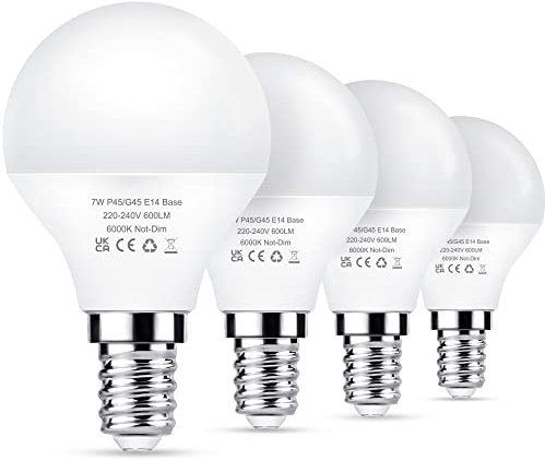 Flaspar E14 LED Light Bulb, G45 Golf Ball Bulbs 60W Equivalent, 7W Small Edison Light Bulbs, 600LM 6000K Daylight White, Non-Dimmable, 4 Pack