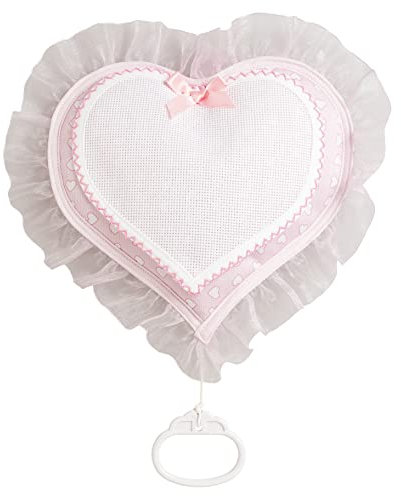 FILET AMP3023R - Fiocco Nascita Musicale, Coccarda Nascita a Forma di Cuore con Carillon, Inserto in Tela Aida da Ricamare, Made in Italy, Colore Rosa
