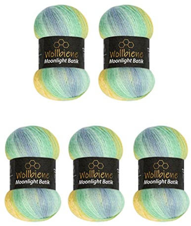 Moonlight Glitter Batik Simli 5 x 100g Strickwolle 500 Gramm Wolle zum Stricken und Häkeln 20% Wolle Metallic-Wolle Farbverlaufswolle Glitzerwolle (3070 gelb türkis blau)