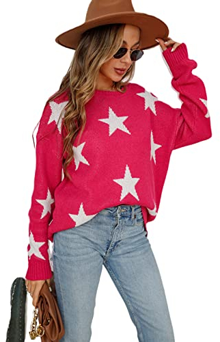 HEYPORK Damen Herbst Winter Warm Bequem Pullover Casual Mode Strickjacke Strickpullover Frauen Herbst/Winter Pullover Rundhals Strickpullover Bedruckter Strickpullover(Rot, M)