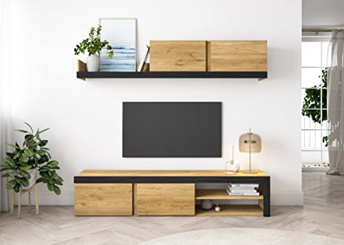 Skraut Home | Salon IDEM | 200 x 180 x 40 cm | Ensemble de Meubles | Unité Murale | Meuble Bas TV | Salle á Manger, Ensemble de séjour | Rangement Style Moderne | Finition Couleur Chêne/Noir