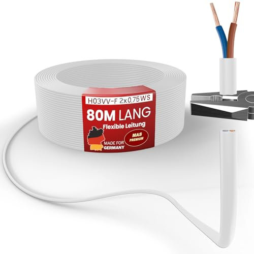 Cable flexible de plástico H03VV-F 2G0,75 Cable 2 Hilos de 5 a 100 m, Color Blanco (80 m)