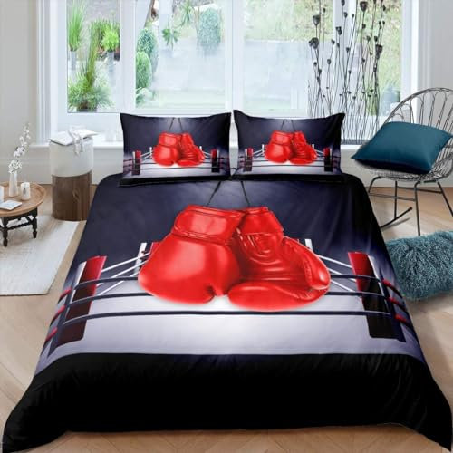 Homewish Boy Boxing Duvet Cover Double Adult Sports Games Theme Comforter Cover Boxing Gloves Bedding Set Boxing Player Quilt Cover For Kids Teens Room Decotive Black Red