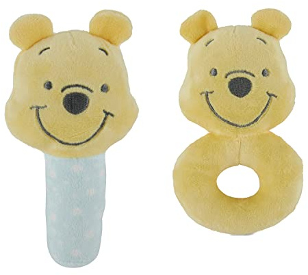 Disney Winnie The Pooh Assorted Plush Lovie Rattle Set Pack of 2 - Soft and Cuddly Plush Material, Built-in Rattle for Sensory Stimulation,Vibrant Colors and Intricate Details