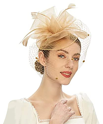 Duories Damen Fascinator Hut,Vintage Braut Tiara Haarschmuck Schleier Haarspange,Hut Blume Mesh Bänder Federn auf einem Stirnband,für Hochzeiten,Gartenpartys,Dinnerpartys,Teepartys,Maskerade,Orange