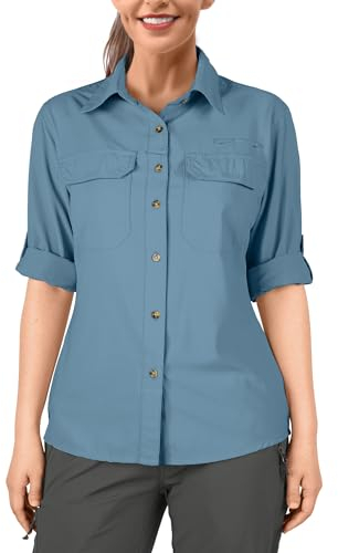 33,000ft Camicia da donna UPF50+, protezione UV, ad asciugatura rapida, per il tempo libero, a maniche lunghe, funzionale, per pesca, safari, viaggi, golf, blu acciaio, XL