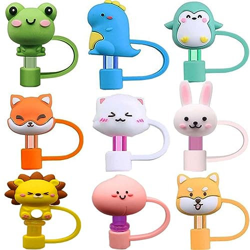9Pcs Animals Straw Cover Straw Caps Covers Silicone Straw Covers Cute Straw Covers Reusable Straw Toppers Dust Proof Drinking Straw Tips Covers