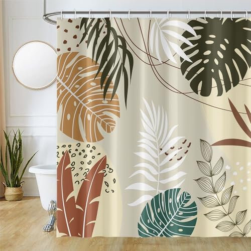 Uiiooazy Rideau Douche Anti Moisissure, Rideau de Douche 180x180cm Tropicale Abstrait Feuilles de Palmier Jungle Rideaux de Baignoire Tissu Lavable Imperméable Rideaux Salle de Bain avec 12 Crochets