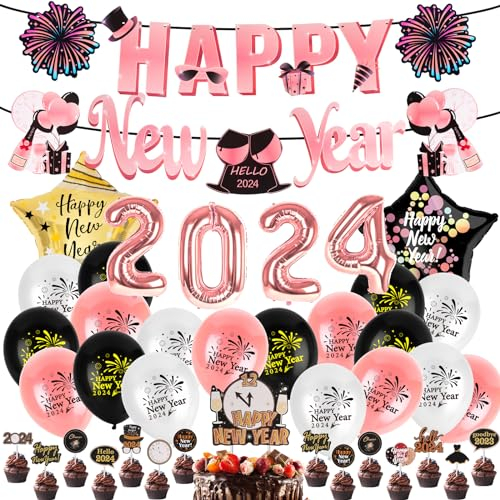 Silvester Deko Set, PAMIYO 2024 Happy New Year Decorations Kit XXL 2024 Folienballon mit Luftballons, Luftschlangen, Latexballons, Neujahrsdeko Rosegold Luftballons Silvester Ballon für Neujahr Deko